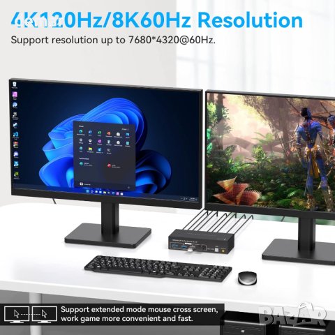 VPFET HDMI&DP KVM превключвател 2 монитора 2 компютъра 4K120HZ 8K60HZ, снимка 4 - Кабели и адаптери - 44081912
