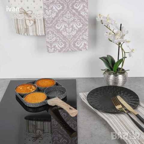 Комплект за закуска с 4 алуминиеви индукционен незалепващи тигани за яйца, снимка 4 - Съдове за готвене - 53008360