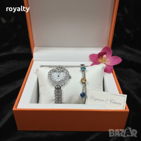 Сърцевиден дамски часовник с гривна и кристали – стил и практичност в кутия, снимка 5 - Бижутерийни комплекти - 52122316