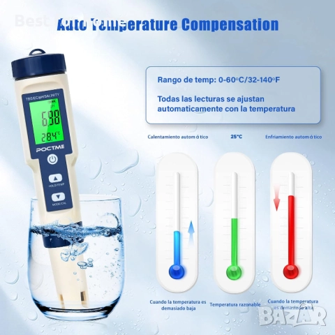 Poctme  5 в 1 тестер за вода -  pH/TDS/EC/Соленост/Температура, снимка 5 - Друга електроника - 51855880