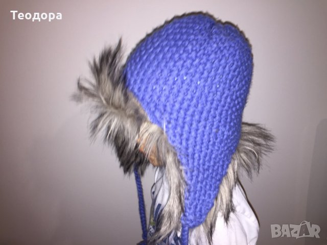 Детска синя шапка с пух, снимка 3 - Шапки, шалове и ръкавици - 27046173