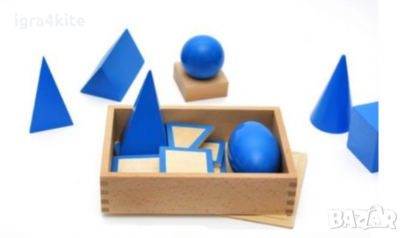 Сини геометрични тела Монтесори в кутия с поставки и знаци , снимка 2 - Образователни игри - 36478729