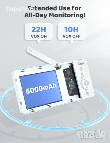 Нов, проверен GHB Бебефон с камера и нощно виждане 5'' 720P HD видео бебефон с камера IPS екран, VOX, снимка 8 - Бебефони - 52464428