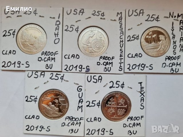 USA 🇺🇸 SET 5 COINS. 25 CENTS 2019-S PROOF CLAD DCAM , снимка 1 - Нумизматика и бонистика - 32295632