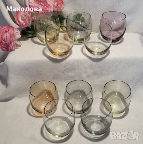 Винтидж стъклен комплект Roly Poly от 10 чаши в различни цветове., снимка 2 - Чаши - 37772802