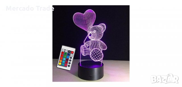 3D LED лампа, Три цвята, Мече със сърце