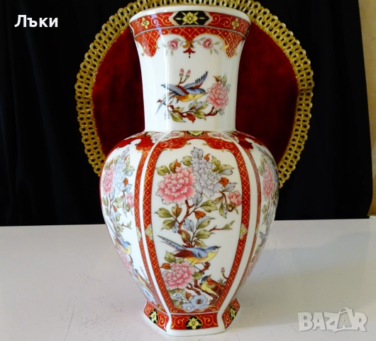 Ваза японски порцелан Eiwa Kinsei,злато,птици,цветя. 