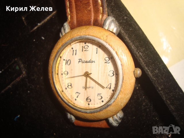 PICADOR МАРКОВ ВИНТИДЖ ДИЗАЙН КВАРЦ ЧАСОВНИК от ДЪРВО с КАИШКА ЕСТЕСТВЕНА КОЖА РАБОТЕЩ 66511, снимка 2 - Мъжки - 32925739
