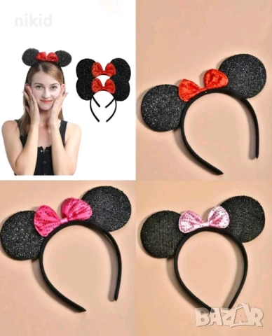 Детска червена диадема венец Мини Маус ушички с  пандела, снимка 3 - Шноли, диадеми, ленти - 25785963