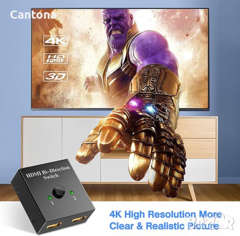 4K HDMI сплитер, алуминиев двупосочен 1 вход 2 изход или 2 входа 1 изход, 4K 3D 1080P HD, Plug & Pla, снимка 6 - Други - 38015518