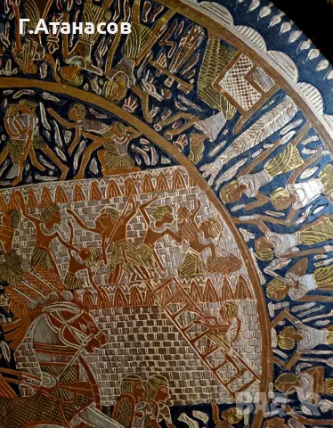 Старинен египетски меден поднос гравиран със сребърни и златни орнаменти, снимка 7 - Антикварни и старинни предмети - 49296049