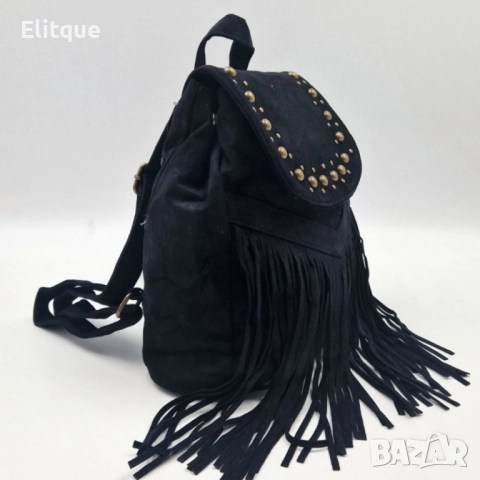 Велурена дамска раница с ресни и метални нитове – бохо стил и практичност, снимка 10 - Чанти - 52459500