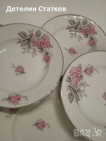 6 бр. порцеланови чинии 23 см. с флорален декор и сребрист кант, снимка 7 - Сервизи - 52239578