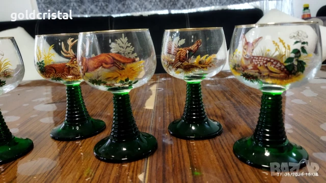 стари френски кристални чаши с ловни мотиви , снимка 7 - Антикварни и старинни предмети - 50587695