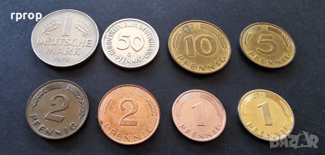 Монети .Германия. Дойче марки. 1 ,1 , 2, 2 , 5 ,10, 50 пфенига и 1 дойче марка. 8 бройки. 