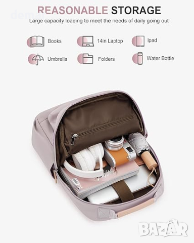 BOXSAM Дамска раница за лаптоп 14 инча, ученическа, туристическа,водоустойчива, лилаво, снимка 2 - Раници - 44913773