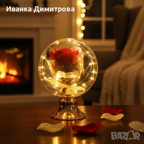 🌹 LED роза в купол – перфектен подарък Топла LED светлина, USB захранване, надпис „BEST WISH“., снимка 2 - Подаръци за жени - 53396067