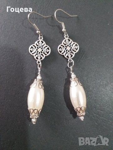 Красиви обици с овални перли и орнаменти в цвят Сребро , снимка 5 - Обеци - 33274038