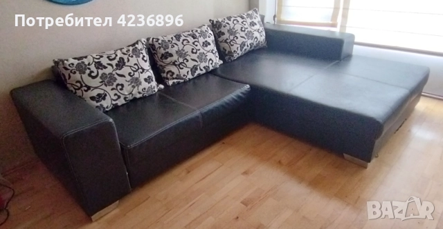 Кожен, ъглов разтегателен диван с лежанка и ракла
