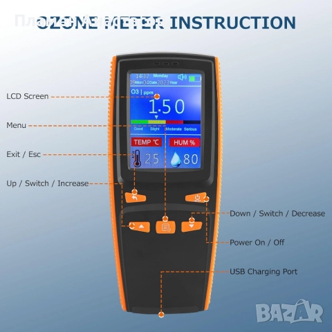 Многофункционален преносим монитор за качество на въздуха с измерване на температура и влажност, снимка 3 - Друга електроника - 52974425