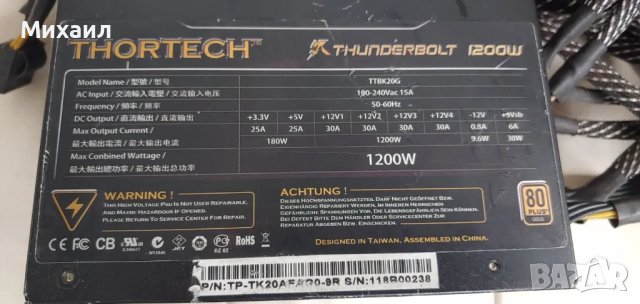 Компютърно захранване - Thortech Geil THUNDERBOLT 1200W 80 plus gold, снимка 4 - Захранвания и кутии - 50386861