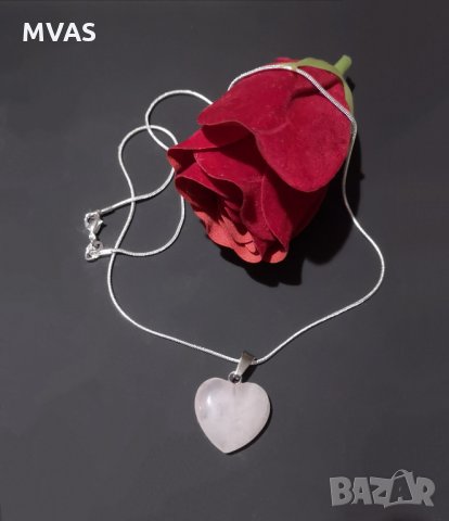 Нов колие Розов кварц + Посребрена верижка Подарък за жена колие сърце, снимка 2 - Подаръци за жени - 32941800
