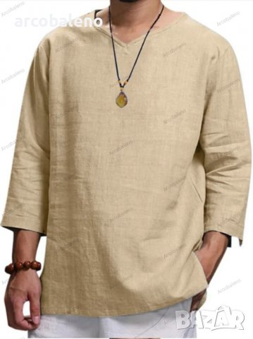 Мъжка широка памучно-ленена риза с V деколте и дълъг ръкав, 5цвята, снимка 4 - Ризи - 39688277