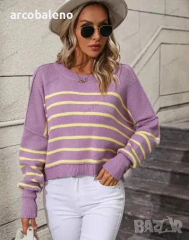 Дамски плетен пуловер с кръгло деколте, свободен пуловер на райета, 5цвята , снимка 12 - Блузи с дълъг ръкав и пуловери - 47860460