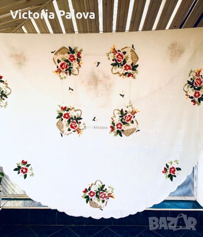 Голяма кръгла покривка с бродерия, снимка 9 - Покривки за маси - 43551081
