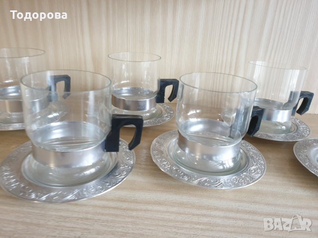 Ретро чаши за чай от йенско стъкло с метални подложки, снимка 2 - Сервизи - 35069921