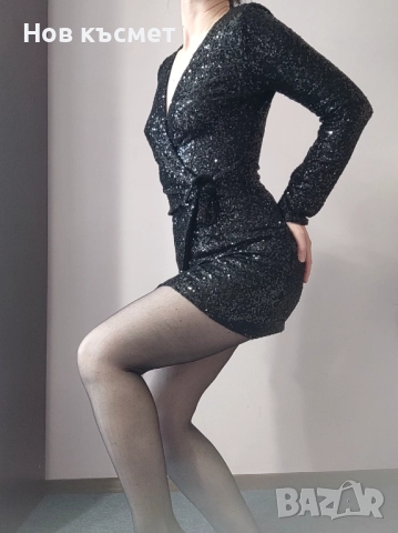 Нова къса, черна рокля с пайети, Н&М, размер XS, снимка 5 - Рокли - 52656537