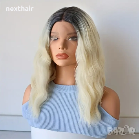 Елегантна светло руса омбре дантелена перука с черни корени на път, снимка 2 - Аксесоари за коса - 51542284