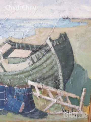 69х58см/стара картина масло върху платно/морски пейзаж/рибарски лодки/1972/дървена рамка, снимка 4 - Картини - 51218251