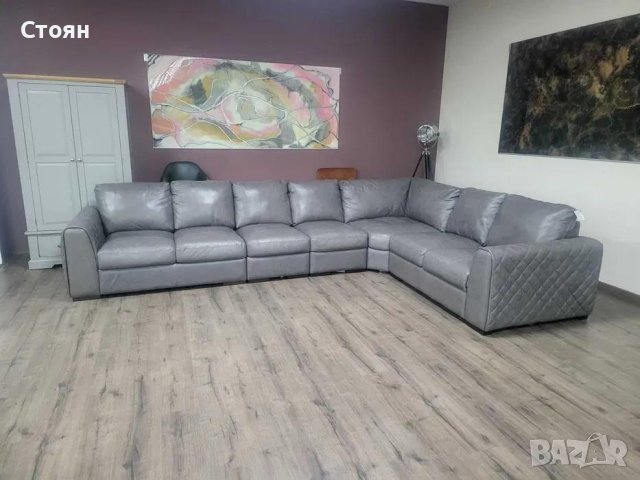 Голям сив кожен ъглов диван, снимка 10 - Дивани и мека мебел - 43290361