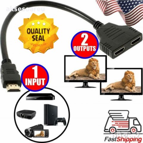 HDMI сплитер кабел HD 1080P 4K видео адаптер 1 вход 2 изходен порт Hub за X-box PS3/4/5 DVD HDTV PC , снимка 2 - Приемници и антени - 35214433