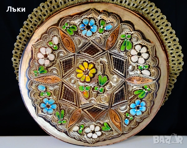 Медна чиния,пано,ръчно писана и рисувана с емайл. 