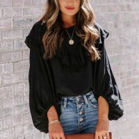 Дамска блуза в черно с дълъг ръкав и къдрички, снимка 2 - Блузи с дълъг ръкав и пуловери - 40698207