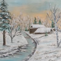 Зимен пейзаж маслена картина, снимка 1 - Картини - 34679971
