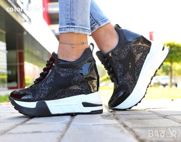 Кецове на платформа - черен лак и брокат с бяло ходило - 568, снимка 1