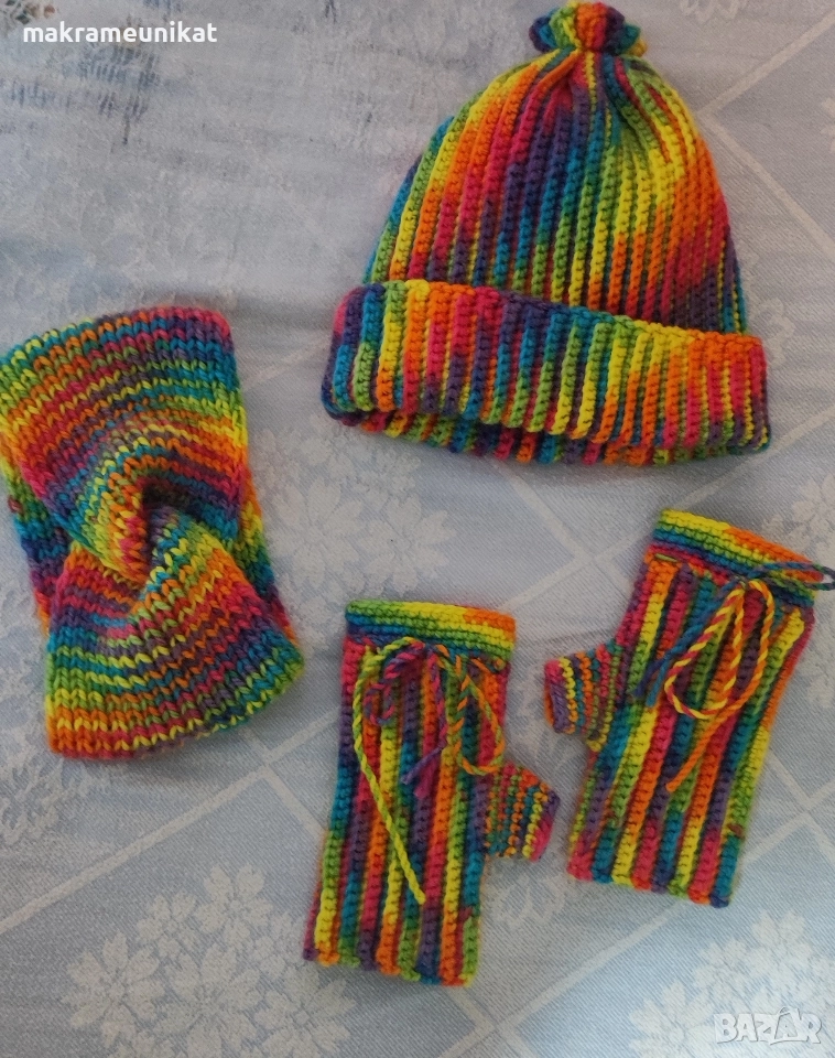 Лот шапка, ръкавици без пръсти, и лента за глава, нов, ръчно плетиво , снимка 1
