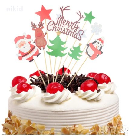 Merry Christmas сет Коледни пингвини елха 9 бр картонени топер клечки украса декор за торта мъфини , снимка 1
