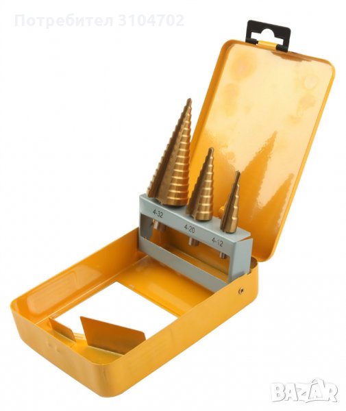 Стъпаловидни титаниеви свредла Tolsen 3бр. HSS Ti, метална кутия, снимка 1