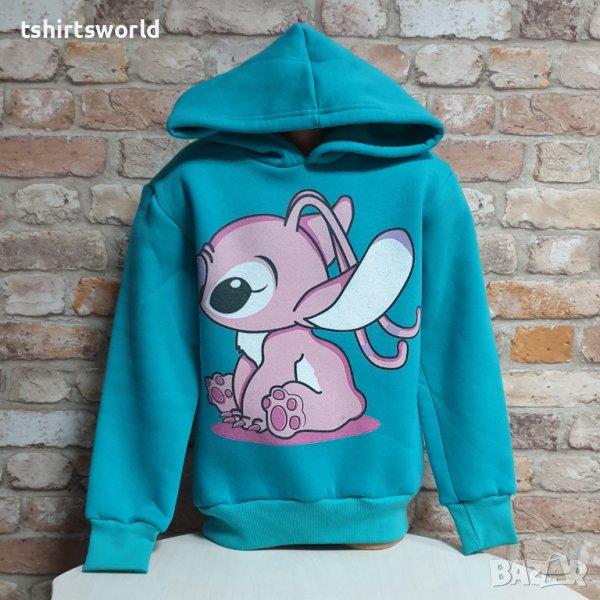 Нов детски суичър с дигитален печат Ейнджъл - Стич (Stitch) в зелен цвят, снимка 1