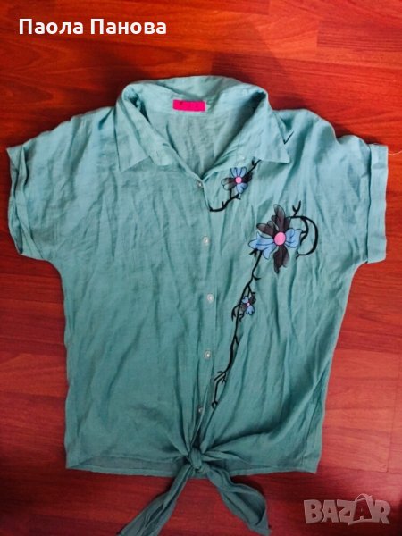 Дамска риза с къс ръкав в тюркоазено зелено , снимка 1