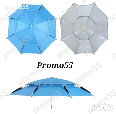 Плажен Чадър 220см. УВ, Чупещо Рамо, Двоен Покрив Стабилност при Вятър, снимка 3 - Градински мебели, декорация  - 50949069