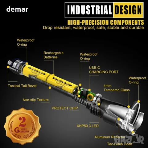 PFSN фенер LED супер ярък - 6000 лумена USB C акумулаторно фенерче с 400M дълъг лъч, водоустойчив, снимка 3 - Други стоки за дома - 47448385