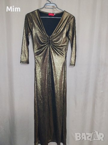 tricot S Дълга елегантна рокля с мокър ефект в старо злато , снимка 4 - Рокли - 43249125