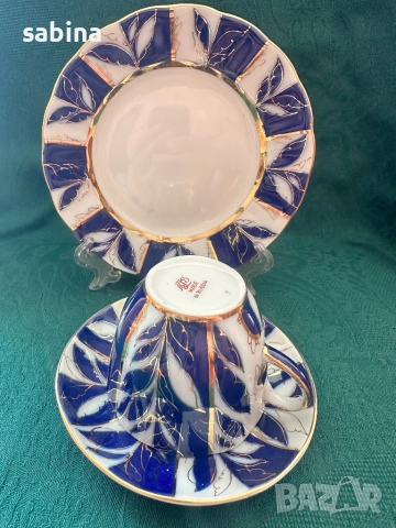 Руски порцелан-Троен сет за кафе „Зимна вечер“, произведен от ЛФЗ  „Ломоносов”, СССР, снимка 4 - Сервизи - 53487979