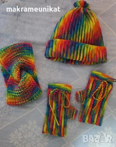 Лот шапка, ръкавици без пръсти, и лента за глава, нов, ръчно плетиво 