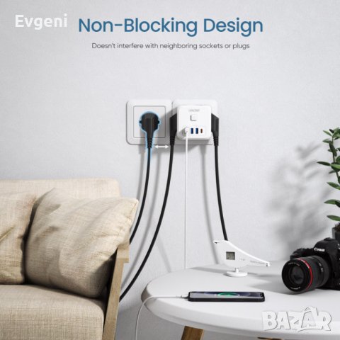 Разклонител за стенен контакт с 3 AC контакта, 3 USB порта А и 1 тип C 7-в-1